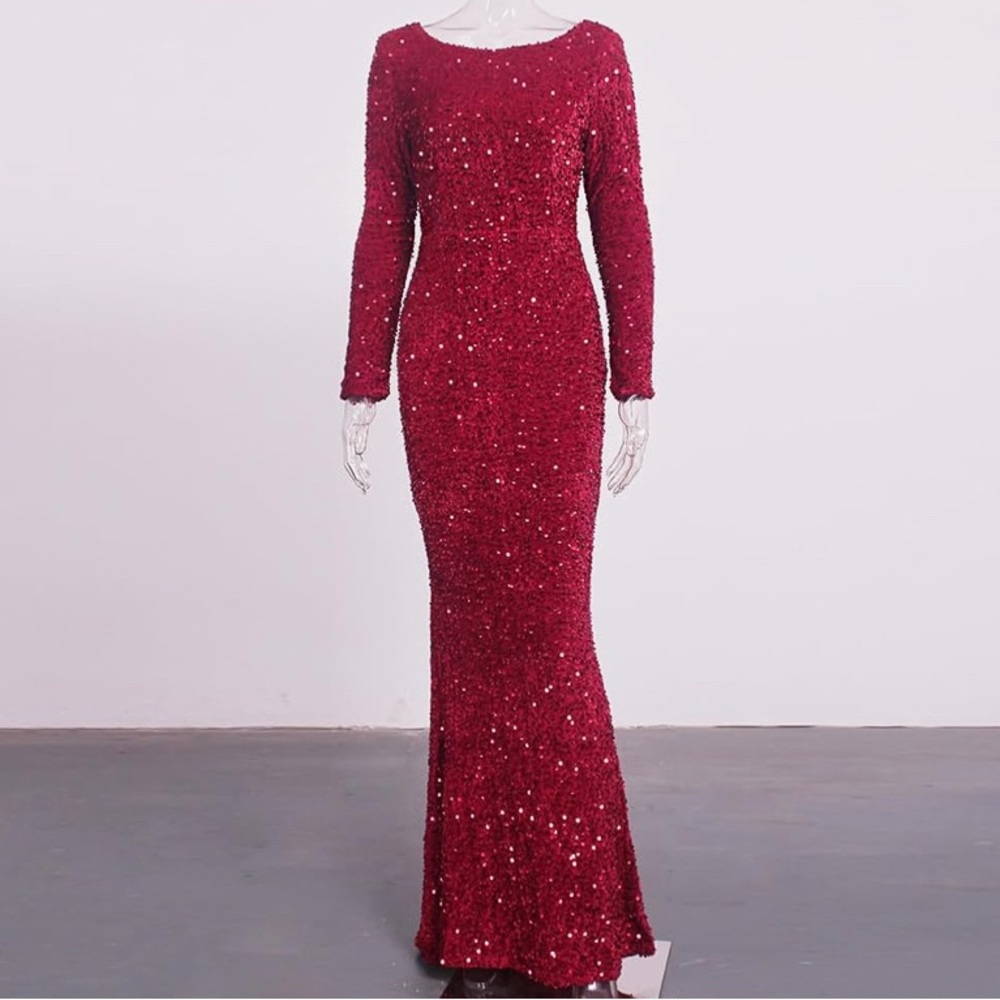 Elegant Long Sleeve Red Sequin Dress